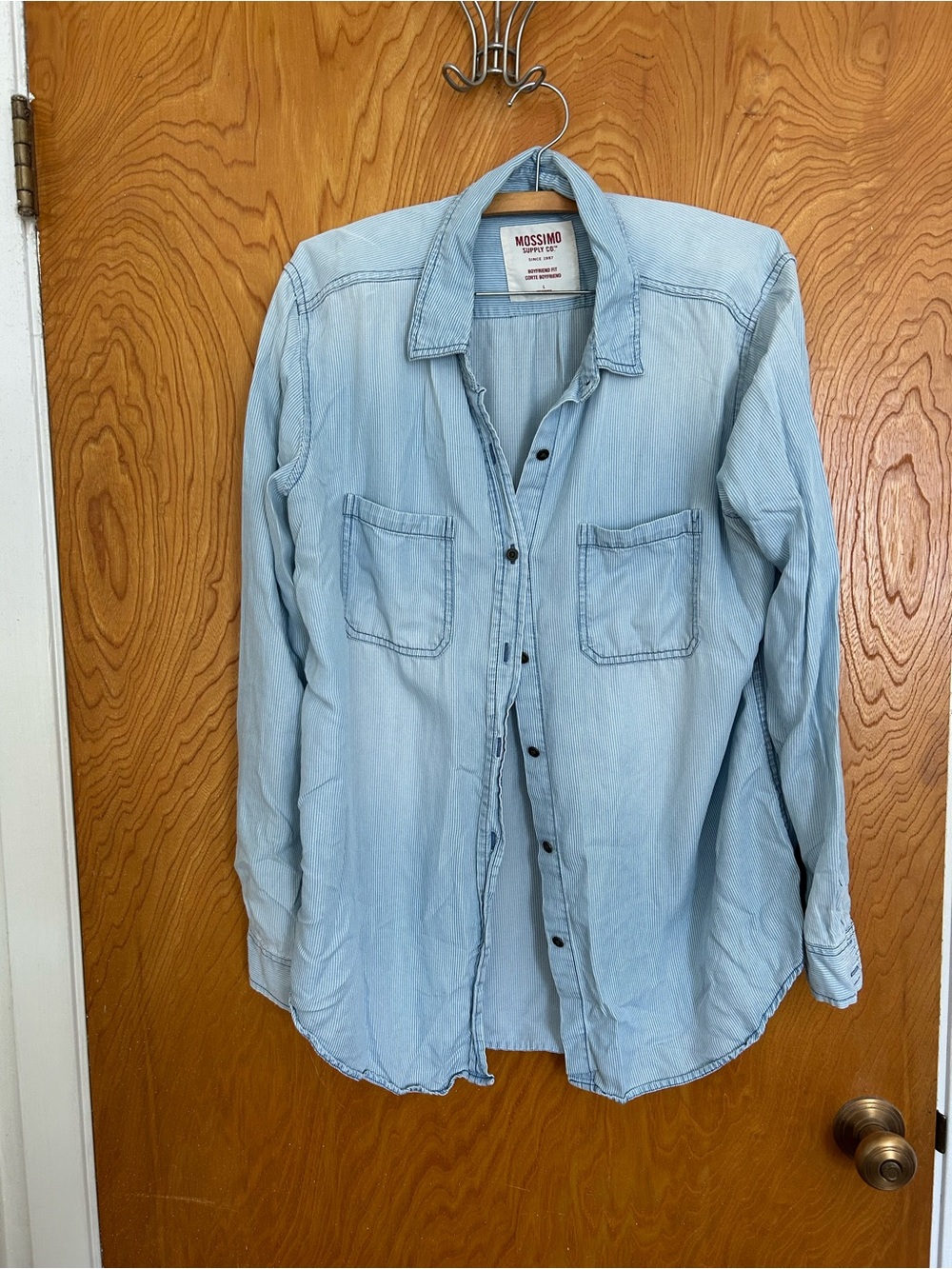 Mossimo Supply Co. Light Wash Boyfriend Fit Denim Button-Down Shirt, Size L.